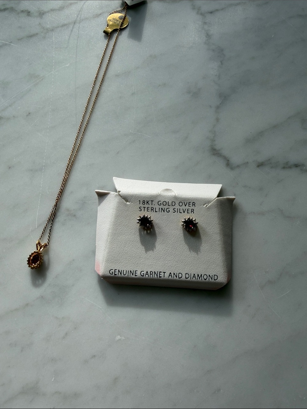 18KT Gold Over Sterling Silver Garnet and Diamond Stud Earrings - Red